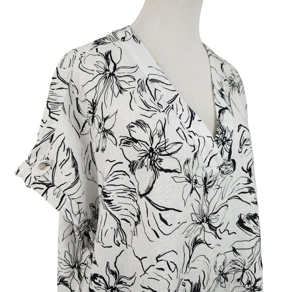 Joie Blouse Women's 1X Linen V Neck Short Sleeve Floral Print Top Black White - Picture 6 of 12